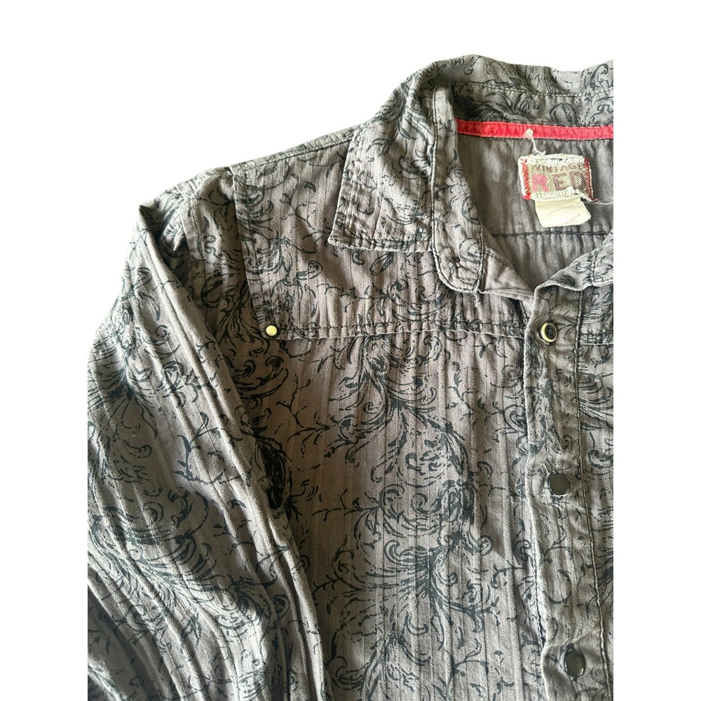 Vintage Red Mens Grey Scroll Filigree Snap Front Long Sleeve Cotton Shirt Large - Picture 5 of 6